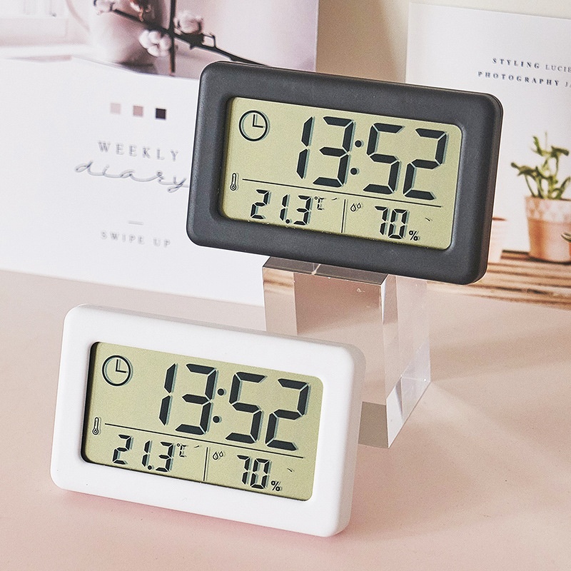 Digital Hygrometer Probe - นาฬิกาดิจิตอลขนาดเล็กอิเล็กทรอนิกส์เครื่องวัดอุณหภูมิไฮโกรมิเตอร์นาฬิกาขนาดเล็กนาฬิกาตั้งโต๊ะแบบพกพา 12/24H แบตเตอรี่ขับเคลื่อน NZ005