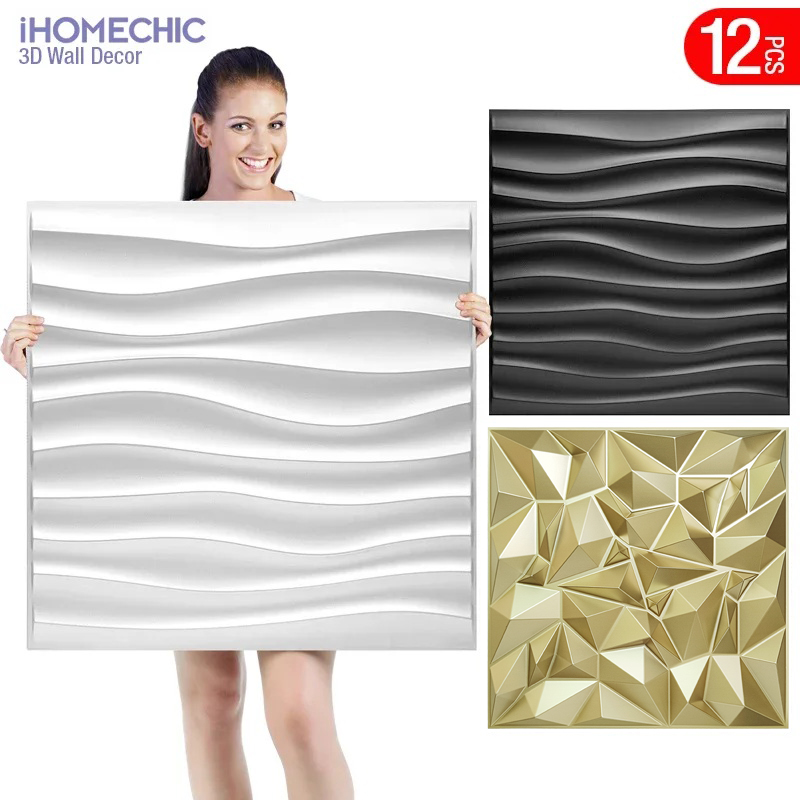 Pvc Panel Background - 12 ชิ้น 50x50 เซนติเมตรสีทองแชมเปญ 3D ผนังแผง